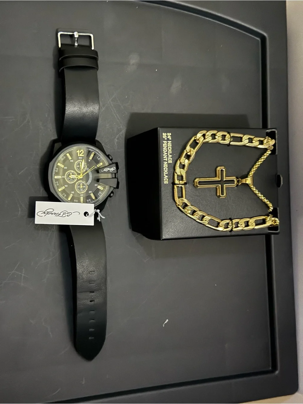 Ed Hardy Black and Gold Watch with Gold Cross Necklace Set
